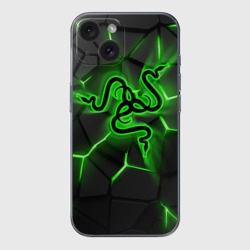 Чехол для iPhone 15 силиконовый с защитой камеры Razer neon logo