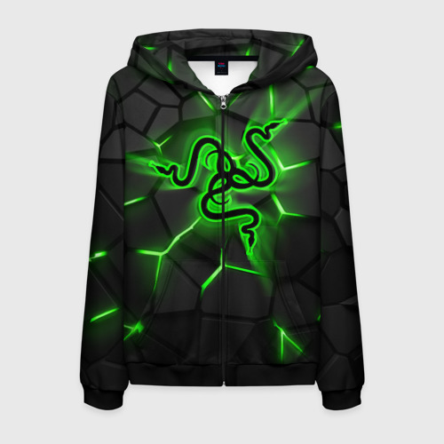 Мужская толстовка 3D на молнии Razer neon logo, цвет черный