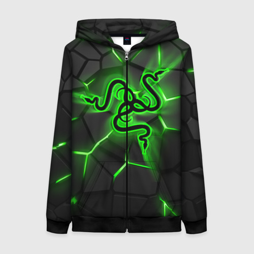 Женская толстовка 3D на молнии Razer neon logo, цвет черный