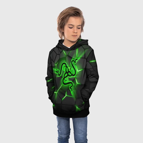 Детская толстовка 3D с принтом Razer neon logo, фото на моделе #1