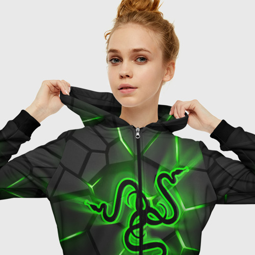 Женская толстовка 3D на молнии Razer neon logo, цвет черный - фото 5