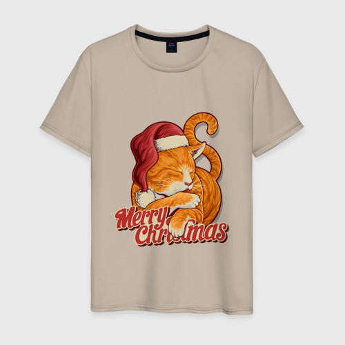 Мужская футболка хлопок с принтом Новогодний рыжий котик, вид спереди #2