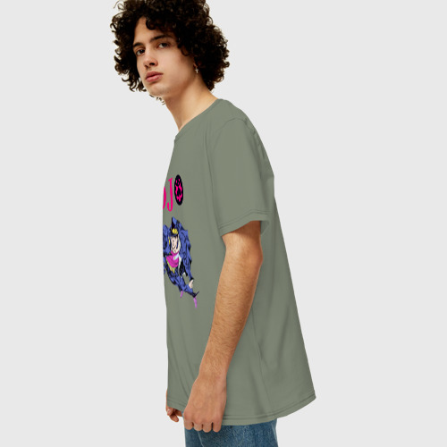 Мужская футболка хлопок Oversize с принтом Дзётаро Кудзё  грозит кулаком, вид сбоку #3