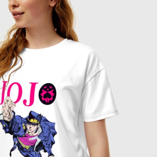 Женская футболка хлопок Oversize с принтом Дзётаро Кудзё  грозит кулаком, фото на моделе #1