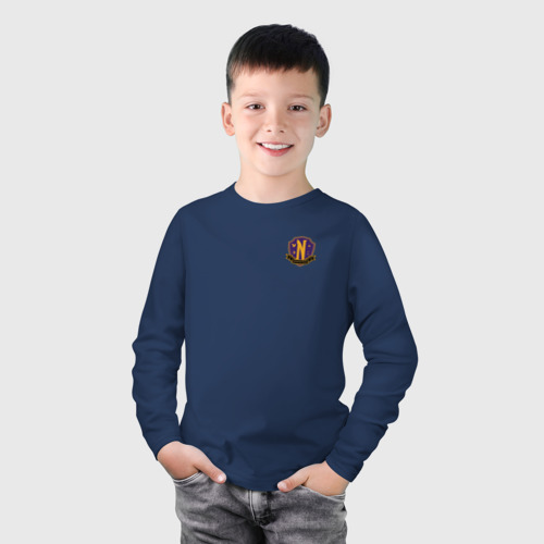 Детский лонгслив хлопок с принтом Эмблема школы Невермор, фото на моделе #1
