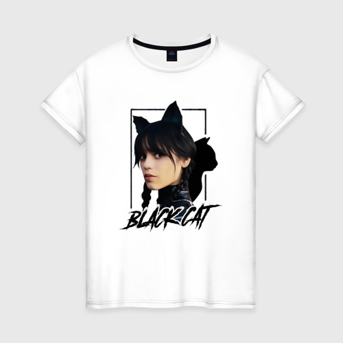 Женская футболка из хлопка с принтом Wednesday Black cat, вид спереди №1