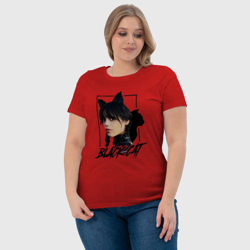 Женская футболка хлопок Wednesday Black cat, цвет красный - фото 6