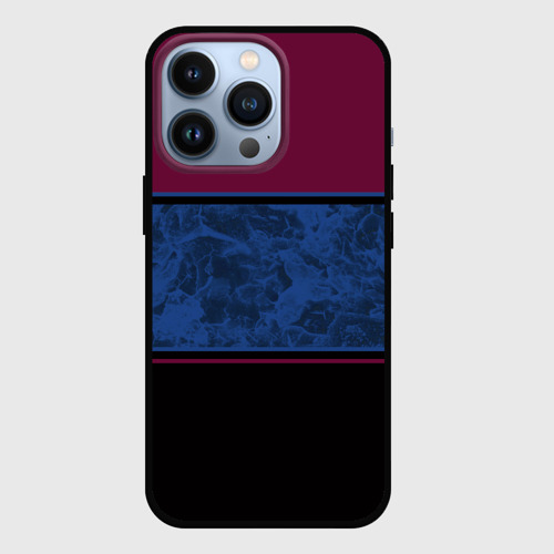 Чехол для iPhone 13 Pro с принтом Бордовый, синий мраморный и черный полосы, вид спереди #2