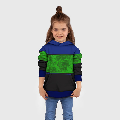 Детская толстовка 3D с принтом Синие неоновые зеленые мраморные и черные полосы, вид сбоку #3