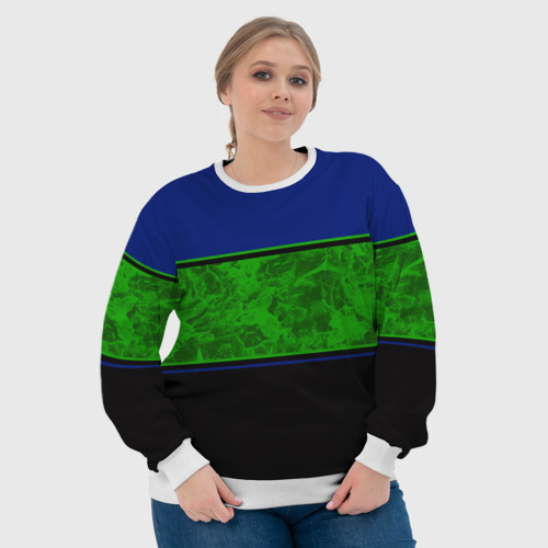 Женский свитшот 3D с принтом Синие неоновые зеленые мраморные и черные полосы, фото #4