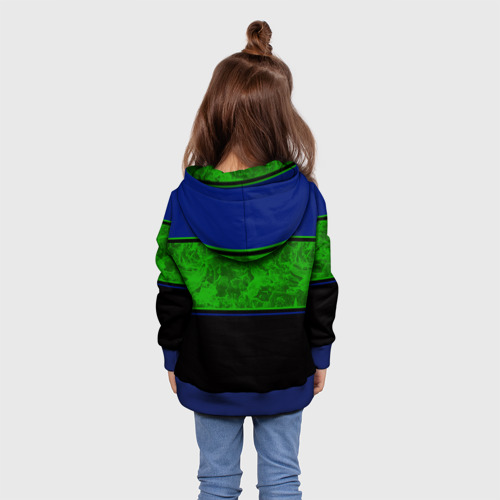 Детская толстовка 3D с принтом Синие неоновые зеленые мраморные и черные полосы, вид сзади #2