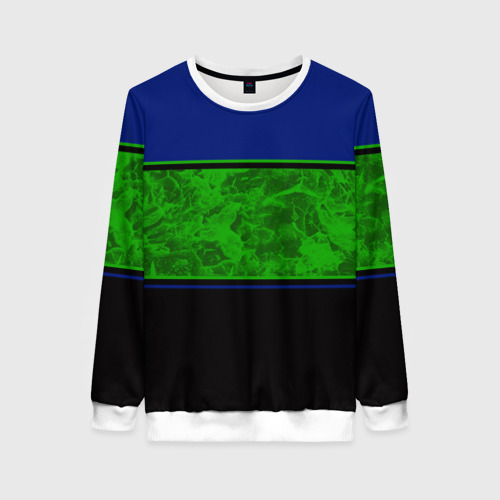 Женский свитшот 3D с принтом Синие неоновые зеленые мраморные и черные полосы, вид спереди #2