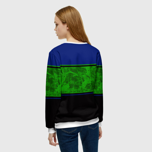 Женский свитшот 3D с принтом Синие неоновые зеленые мраморные и черные полосы, вид сзади #2