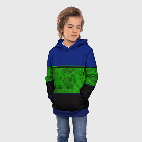 Детская толстовка 3D с принтом Синие неоновые зеленые мраморные и черные полосы, фото на моделе #1