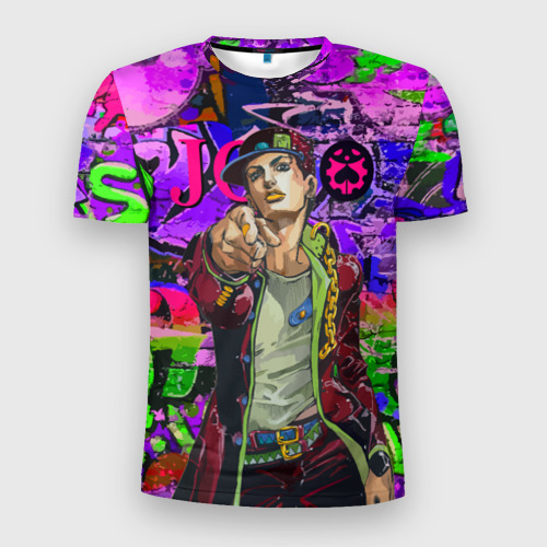 Мужская футболка 3D Slim с принтом Дзётаро Кудзё - граффити - стена, вид спереди #2
