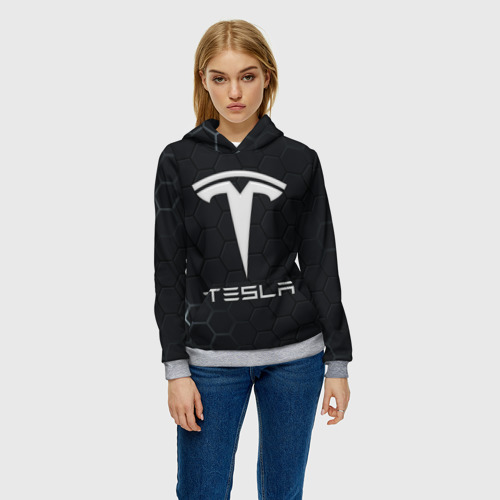 Женская толстовка 3D с принтом Tesla логотип - матовое стекло, фото на моделе #1