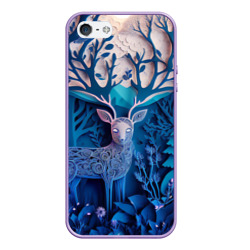 Чехол для iPhone 5/5S матовый Объемная иллюстрация из бумаги лес и олень на синем фоне