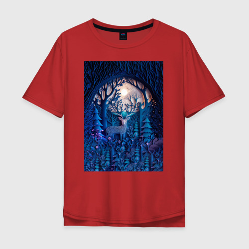 Мужская футболка хлопок Oversize с принтом Объемная иллюстрация из бумаги лес и олень на синем фоне, вид спереди #2