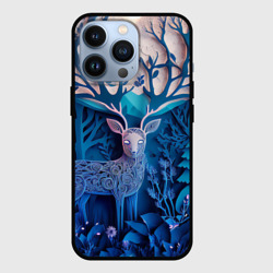 Чехол для iPhone 13 Pro Объемная иллюстрация из бумаги лес и олень на синем фоне