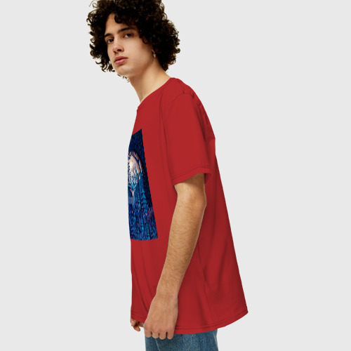 Мужская футболка хлопок Oversize с принтом Объемная иллюстрация из бумаги лес и олень на синем фоне, вид сбоку #3