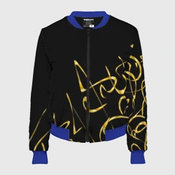Женский бомбер 3D Золотая каллиграфия на черном фоне