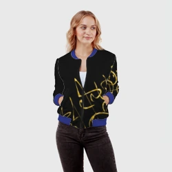 Женский бомбер 3D Золотая каллиграфия на черном фоне - фото 2