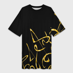 Платье-футболка 3D Золотая каллиграфия на черном фоне