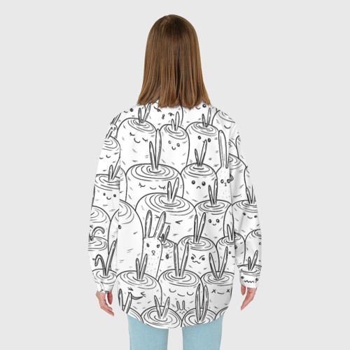 Женская рубашка oversize 3D с принтом Раскраска кролики в морковном поле, вид сзади #2
