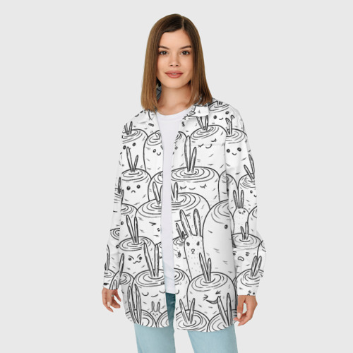 Женская рубашка oversize 3D с принтом Раскраска кролики в морковном поле, фото на моделе #1