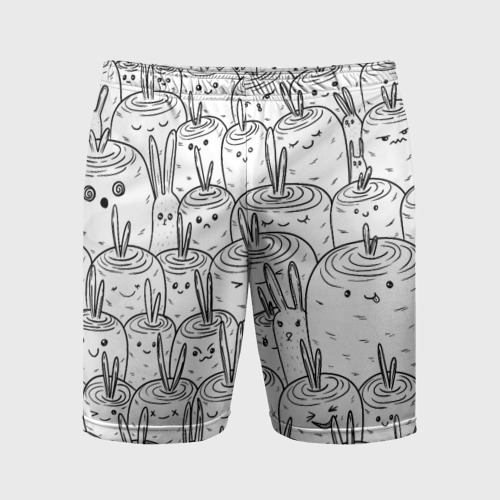 Мужские шорты спортивные с принтом Раскраска кролики в морковном поле, вид спереди #2