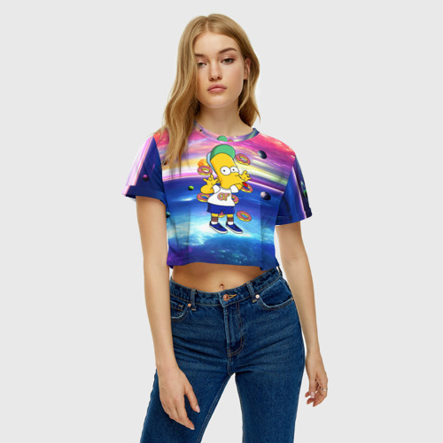 Женская футболка Crop-top 3D Барт Симпсон с пончиками в космическом пространстве, цвет 3D печать - фото 3