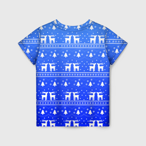 Детская футболка 3D с принтом Синий орнамент с оленями, вид сзади #1