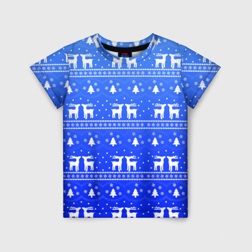Детская футболка 3D с принтом Синий орнамент с оленями, вид спереди #2