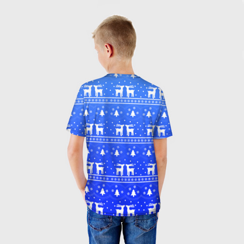 Детская футболка 3D с принтом Синий орнамент с оленями, вид сзади #2