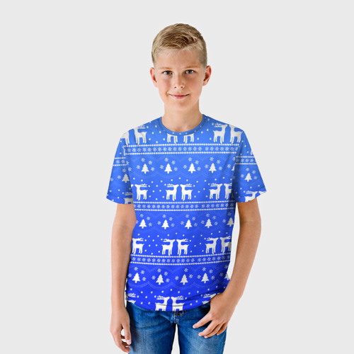 Детская футболка 3D с принтом Синий орнамент с оленями, фото на моделе #1
