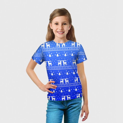 Детская футболка 3D с принтом Синий орнамент с оленями, вид сбоку #3