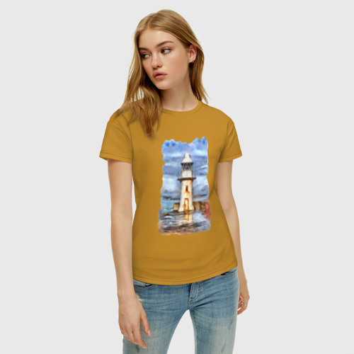 Женская футболка хлопок с принтом Старый маяк, фото на моделе #1