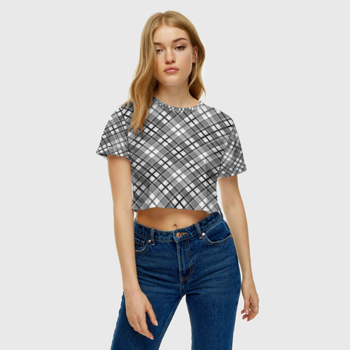 Женская футболка Crop-top 3D Черно белый узор в косую клетку, цвет 3D печать - фото 3