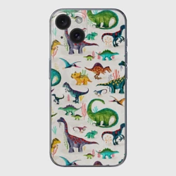 Чехол для iPhone 15 силиконовый с защитой камеры Painted dinosaurs