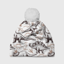 Шапка 3D c помпоном Drawn dinosaurs steps: стего, дипло и тиранозавры - паттерн динозавров