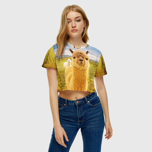 Женская футболка Crop-top 3D Ламы - я и друг, найди меня, цвет 3D печать - фото 3
