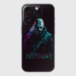 Чехол для iPhone 15 Pro силиконовый с защитой камеры Ведьмак в неоновом стиле
