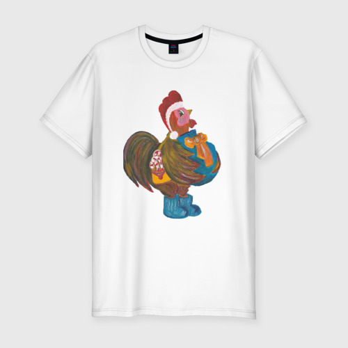 Мужская футболка хлопок Slim с принтом Петух Санта с мешком подарков, вид спереди #2