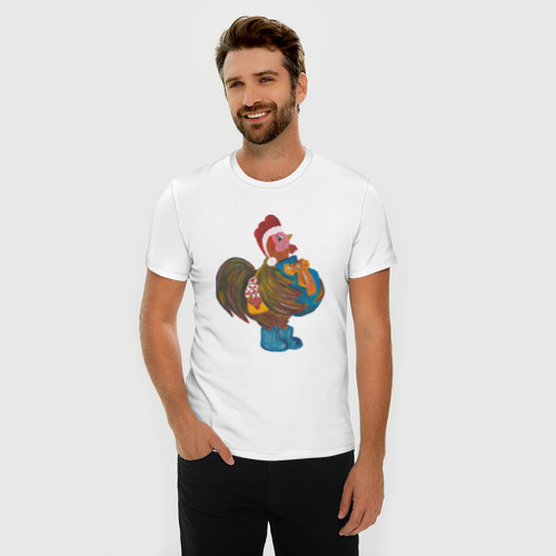 Мужская футболка хлопок Slim с принтом Петух Санта с мешком подарков, фото на моделе #1