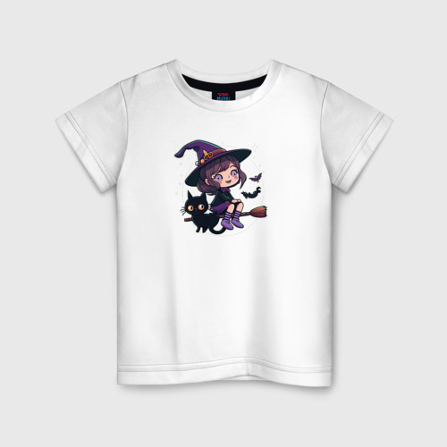 Детская футболка из хлопка с принтом Веселая ведьмочка, вид спереди №1