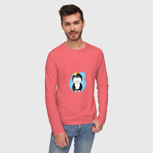 Мужской лонгслив хлопок с принтом Королевский пингвин, фото на моделе #1