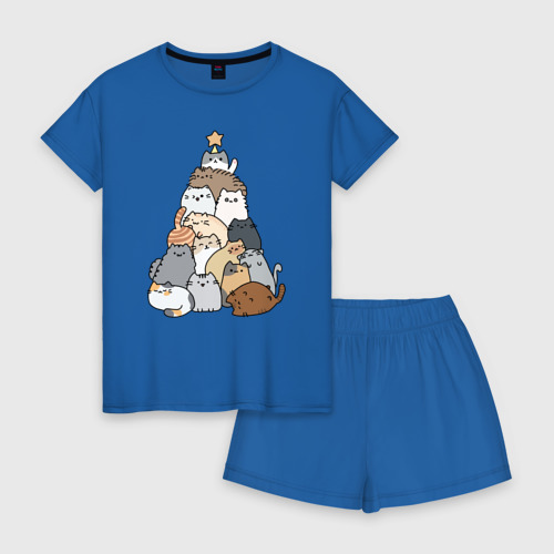 Женская пижама с шортиками хлопок с принтом Котоёлочка, вид спереди #2