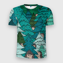 Мужская футболка 3D Slim Ежи в еловом лесу