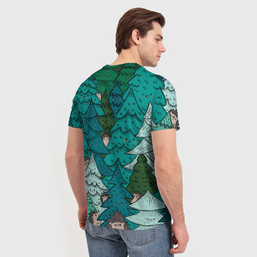 Мужская футболка 3D с принтом Ежи в еловом лесу, вид сзади #2