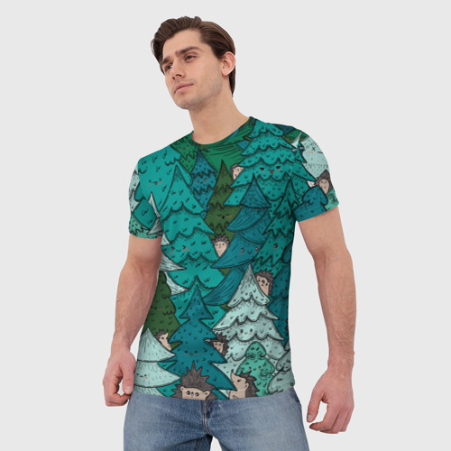 Мужская футболка 3D с принтом Ежи в еловом лесу, фото на моделе #1